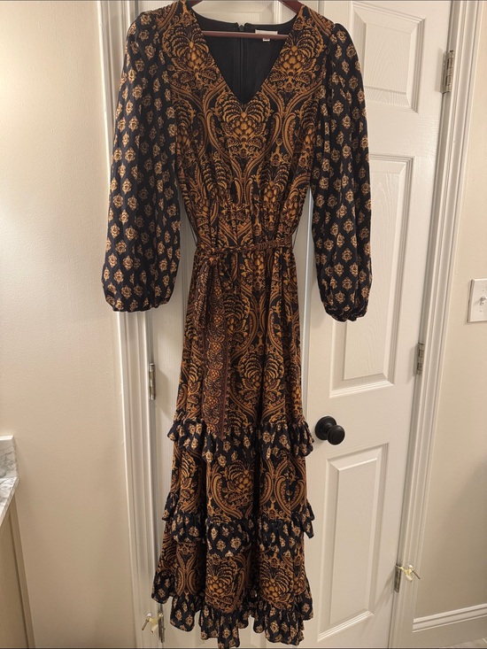 A Loves A Dresses & Skirts - Black and Gold Paisley-Print Maxi Dress with Ruffle Tiers